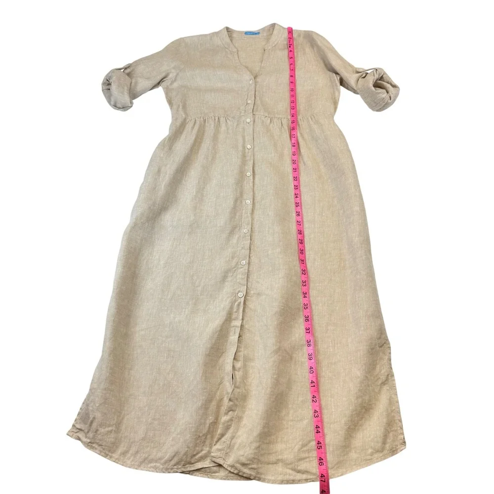 J McLaughlin Large Ceylon Linen Dress V-Neck 3/4 Sleeve Beige Midi Shirt Dress - Picture 5 of 9